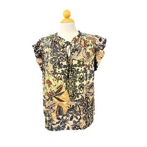 Chenault Green, Orange, and Black Floral Tie-Neck Cap Sleeve Blouse